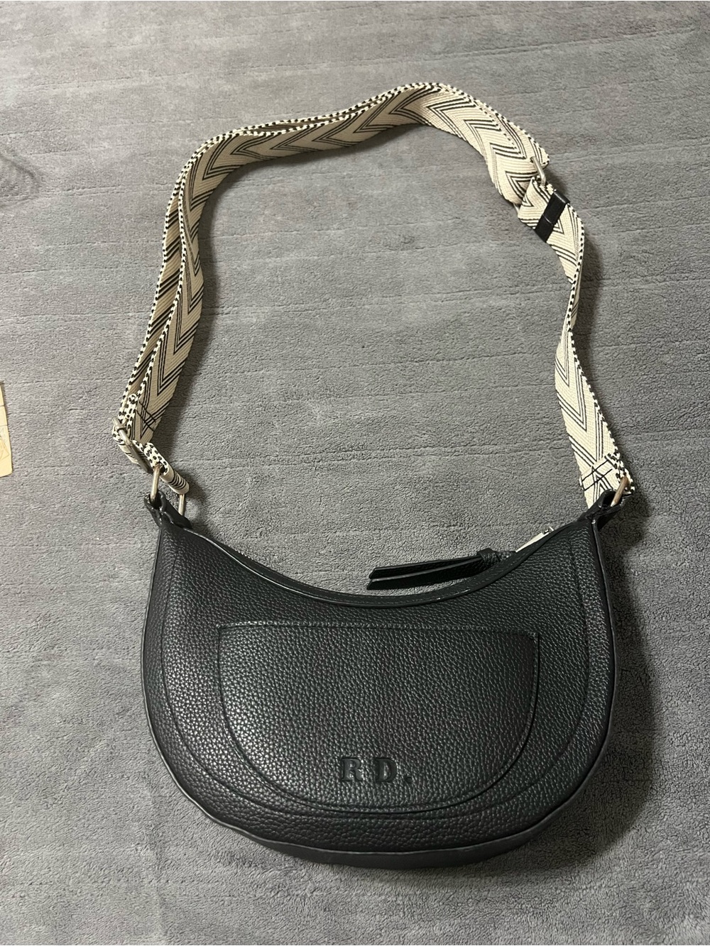 Rae Dunn Black Crescent Crossbody with Patterned Cream Strap